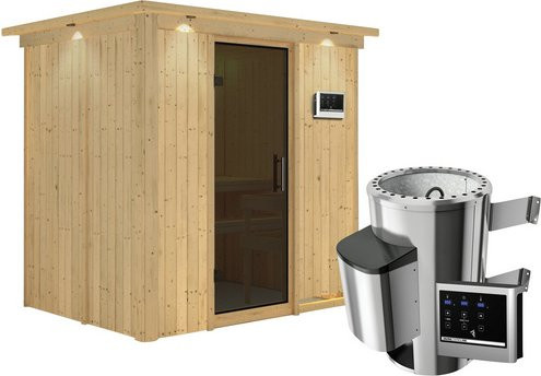 Karibu Sauna Kircholm aus Fichtenholz mit 3,6 kW Saunaofen und externer Steuerung für 3 Personen, Farbe: beige, B/T/H: 210,0 x 165,0 x 202,0 cm - Bild 1