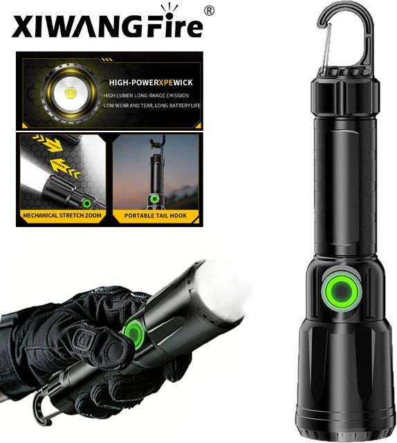 XIWANGFIRE LED Taschenlampe mit Zoomfunktion, wiederaufladbare Handtaschenlampe in Schwarz aus Aluminium für Camping, Wandern und Notfälle - Bild 1