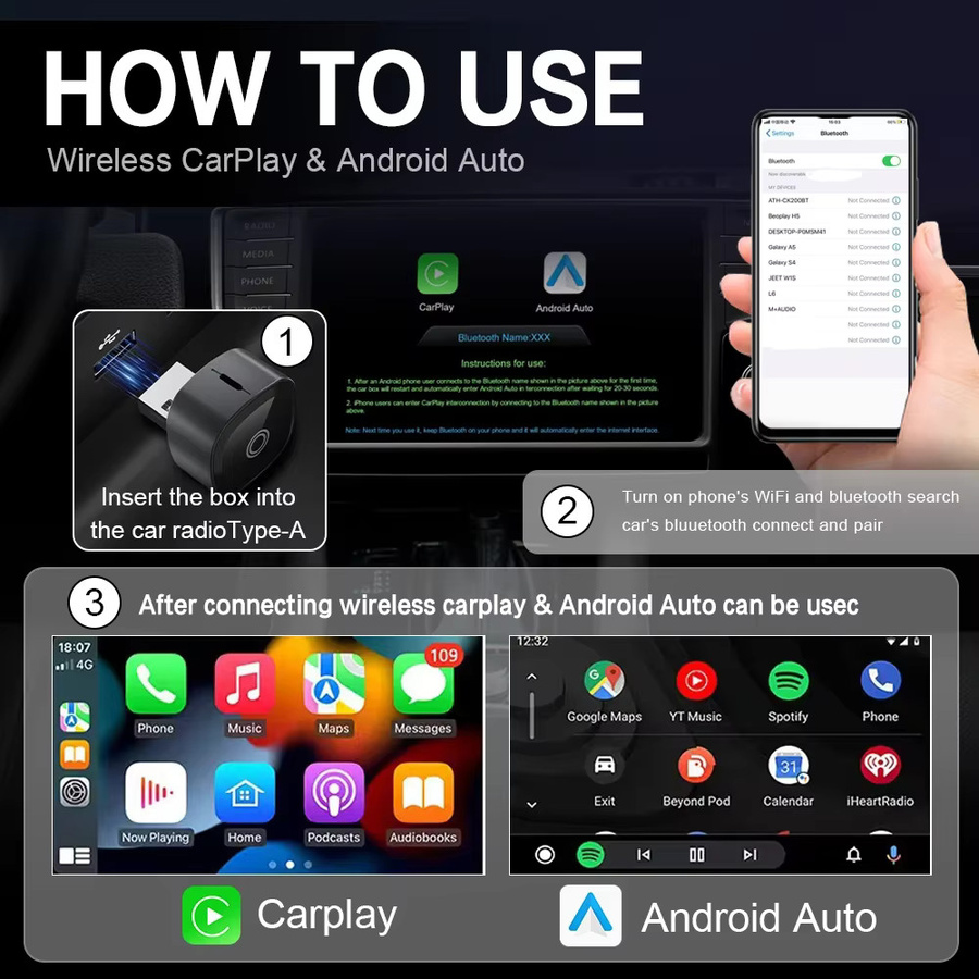 Icreative Mini Kabelloser CarPlay & Android Auto Adapter 2-in-1 Dongle in Schwarz - Bild 3
