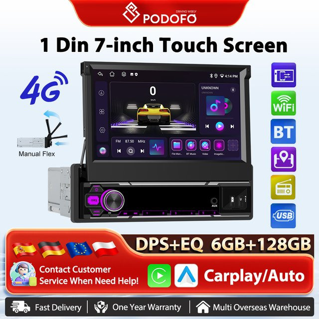 Podofo Autoradio mit Android Auto und Apple CarPlay, 128G Speicher, GPS Navigation, WIFI, Bluetooth, DSP und AI Sprachsteuerung, Schwarz - Bild 1