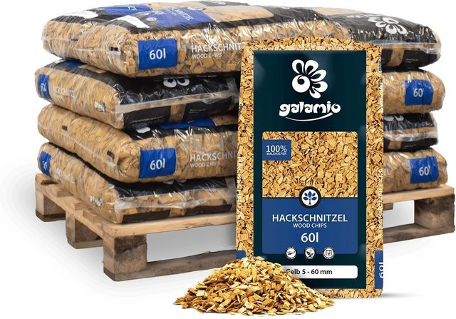Galamio Holzhackschnitzel aus Kiefernholz in Gelb, 12 Säcke à 60 l mit insgesamt 720 l, Körnung 5-60 mm für Garten, Beete und Wege - Bild 1