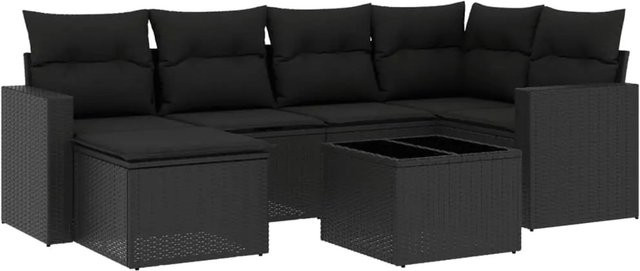 vidaXL 7-tlg Garten-Sofagarnitur in L-Form aus schwarzem PE-Rattan mit Kissen und pulverbeschichtetem Stahlgestell - Bild 1