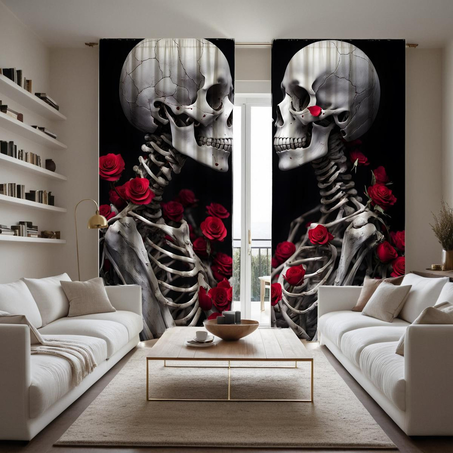 2er-Set Vorhang mit Totenkopf-Rose-Print in Schwarz von Household supplies MH, halbtransparent, B: 132 cm, H: 160 cm - Bild 3