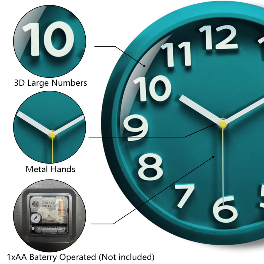 P.Chuang Digitale Wanduhr Rund mit Silent-Quarzwerk, 11 Zoll, Orange oder Türkis - Bild 2