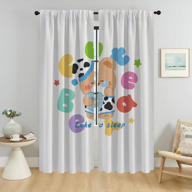 2er-Set Tüll-Vorhänge mit Schlafender Bär Motiv in Weiß, Breite: 50 cm, Höhe: 70 cm - Bild 1