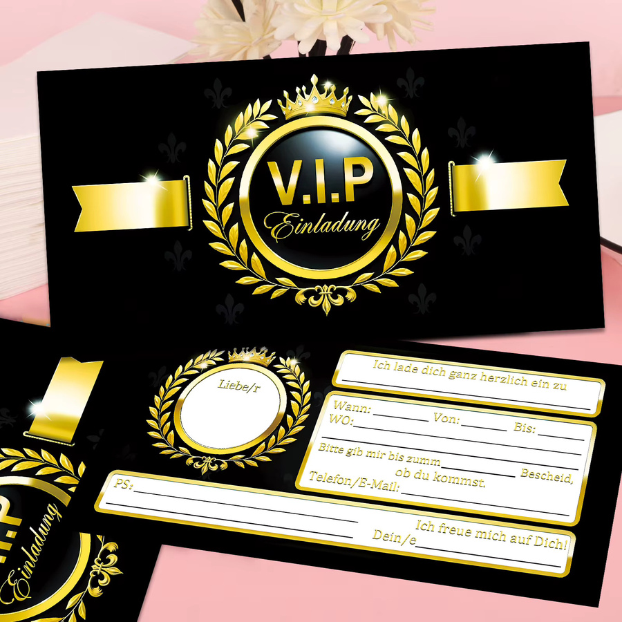 16-teiliges Set elegante VIP-Einladungskarten in Schwarz und Gold im Laurel Sickens-Design für junge Erwachsene - Bild 3
