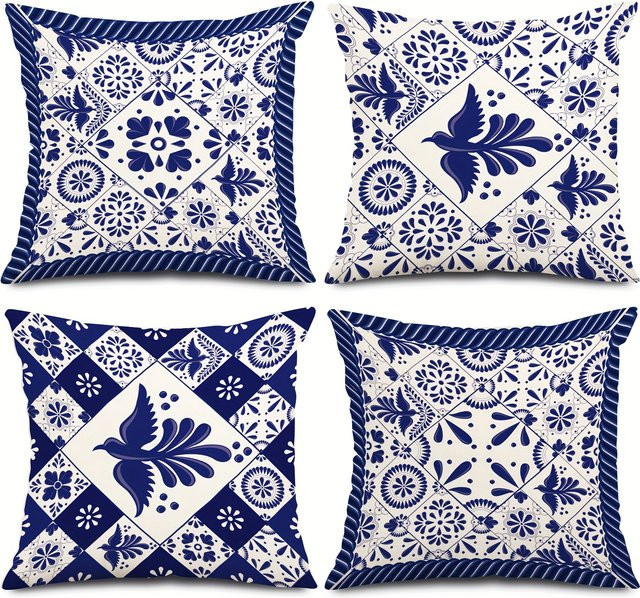 VIKAMA Kissenbezug im Porzellan-Stil, Blau und Weiß, Skandinavischer Stil, quadratisch, 30 x 30 cm - Bild 1