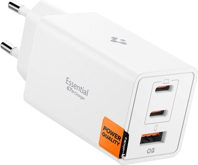 Spigen Essential Netzladegerät 67W in Weiß mit 1 x USB-A und 2 x USB-C Anschlüssen - Bild 1