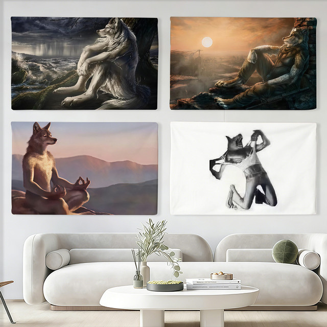 Emo White Wolf Sitting Meme Flagge von Warner Bros. in Weiß als Wandkunst und Dekoration für Innenbereich und Outdoor - Bild 1