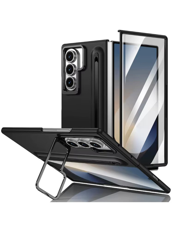 Multifunktionale Samsung Galaxy Z Fold 7 6 5 4 5G Hülle mit integriertem Glasbildschirmschutz, Linsen-Schutz, Kickstand und Touchpen in Blau - Bild 3