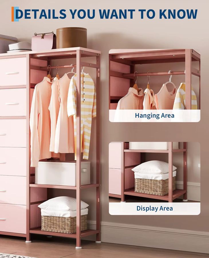 HiMISS Kommode in Pink mit 16 Schubladen, Kleiderständer und 2 Regalen für Schlafzimmer und Wohnzimmer - Bild 2