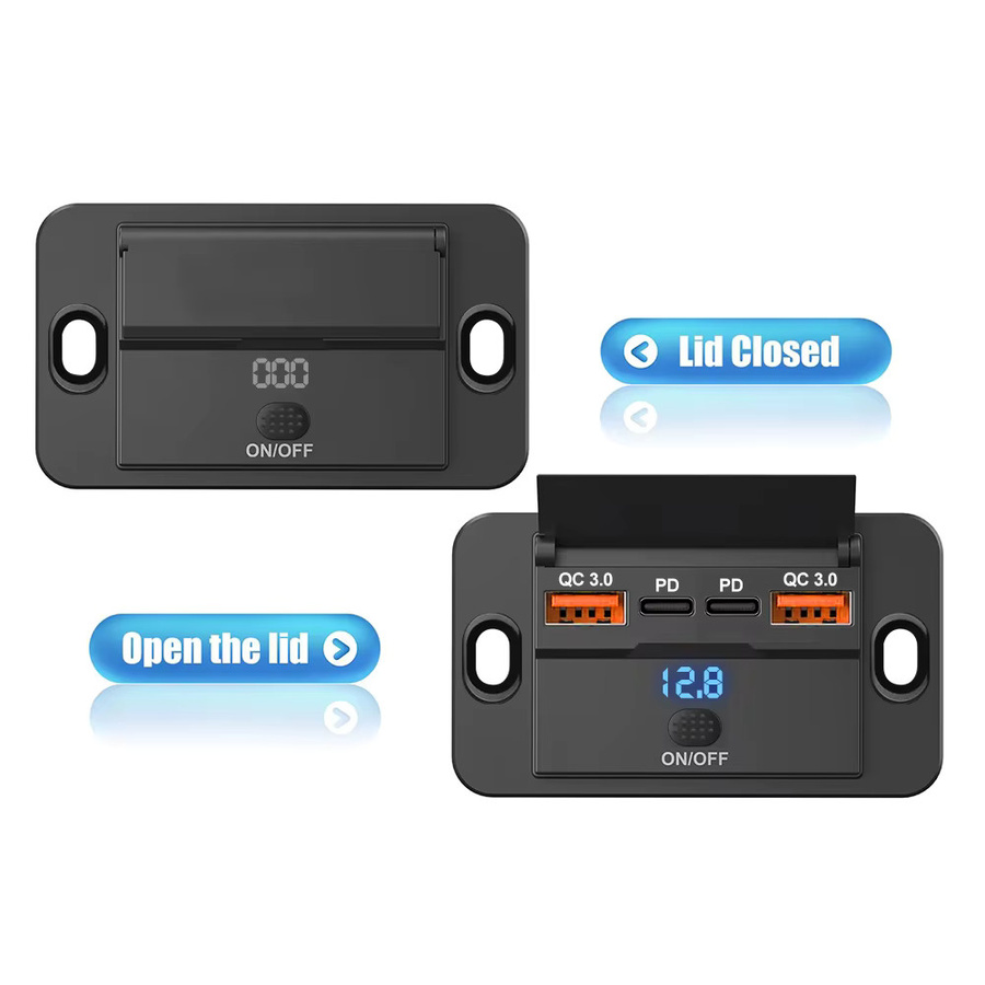 KEBETEME USB Auto Ladegerät mit QC3.0 und PD Schnellladefunktion, 12V/24V USB-C Power Adapter mit Ein/Aus-Schalter, Schwarz - Bild 3