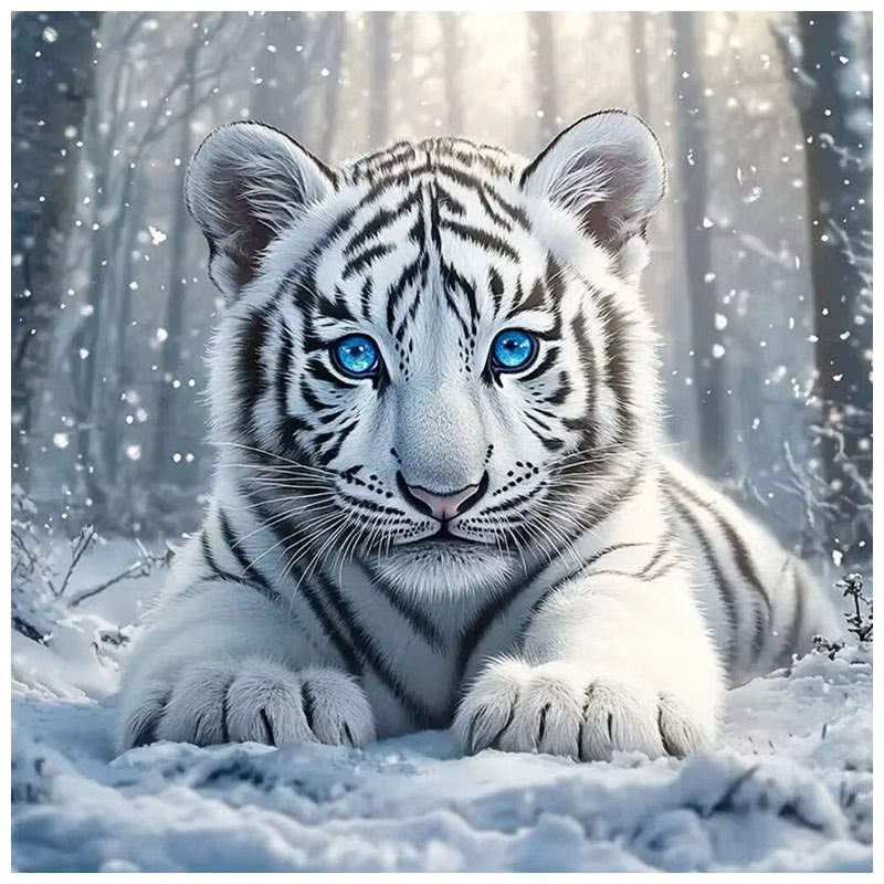 HUACAN 5D Diamant-Malerei Set mit weißem Tiger in Winterszene auf Leinwand, Full Round Strass-Kunst für deine Heimdekoration, Farbe: Weiß - Bild 5