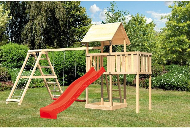 Karibu Spielturm Lotti mit Doppelschaukel, Klettergerüst, Anbau und Rutsche in Rot - Bild 1