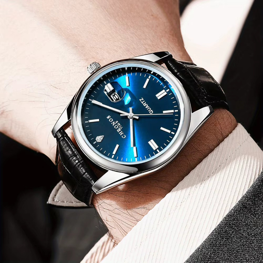 CHRONOS Armbanduhr Herren, Leder, Edelstahl, Blau, Datum, Analoguhr - Bild 2