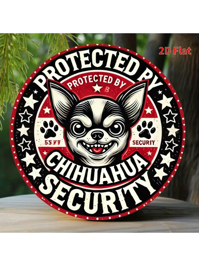 Potdemiel Metallschild Protected by Chihuahua Security mit rotem Sternen-Design, runde Wanddekoration für Zuhause und Büro, Durchmesser: 20 cm - Bild 6