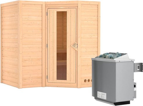 Karibu Sauna Riga 1 aus Fichtenholz mit 9 kW Saunaofen und integrierter Steuerung für 3 Personen, Farbe: beige/braun, B/T/H: 193 x 184 x 209 cm - Bild 1