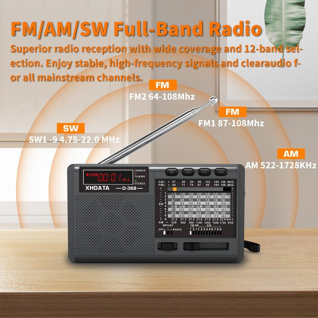 XHDATA D-368/D-328 Tragbares Stereo-Radio mit Bluetooth, FM, AM, SW, MP3-Player, USB und TF-Karte, Schwarz - Bild 1