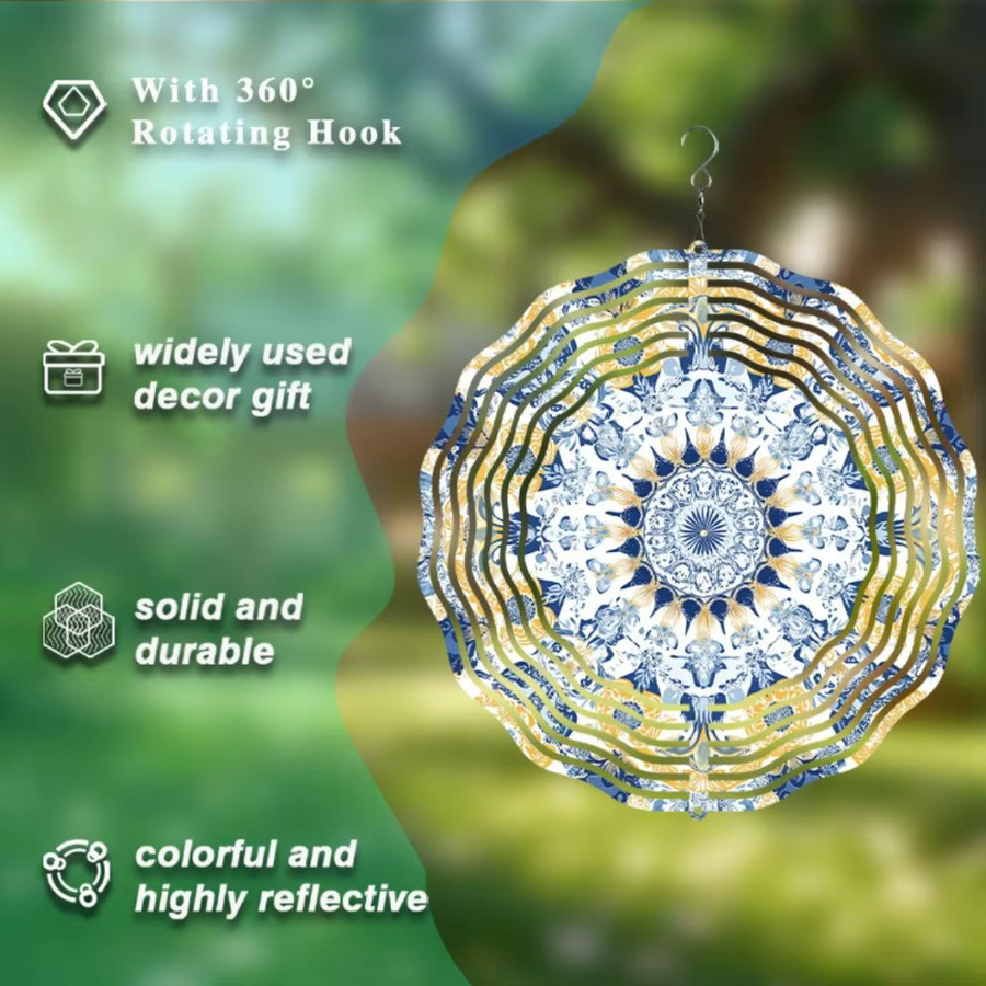 HELLOYOUNG Mandala-Windspiel aus Metall in Blau und Gold mit Blumenmuster als hängende Außendekoration - Bild 6