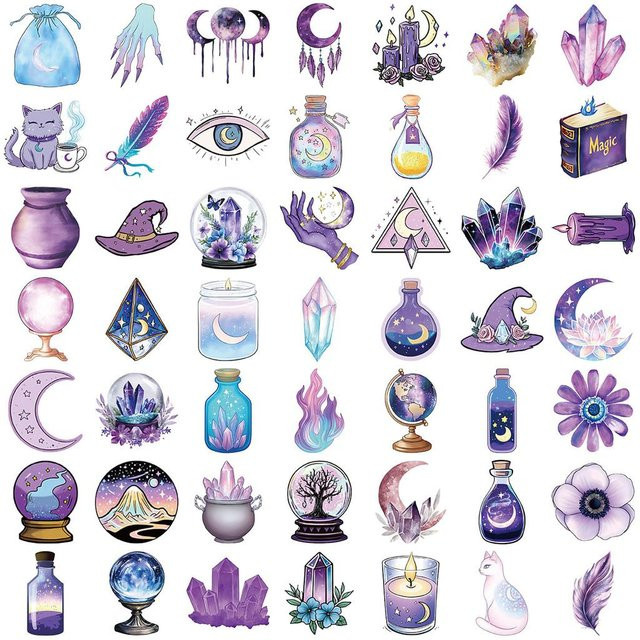 50 Stück Holografische Magische Hexe Aufkleber von RecordingYourLife Store, Transparent und Wasserdicht aus PET für Scrapbooking und Dekoration - Bild 1