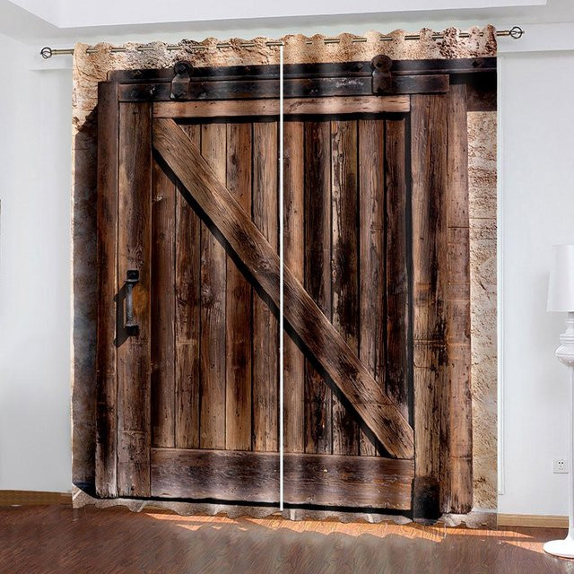 Rustikale Vorhänge mit Holz-Scheunentor-Design in Braun, halbtransparentes Textil mit Ösen, Breite: 135 cm, Höhe: 165 cm - Bild 1