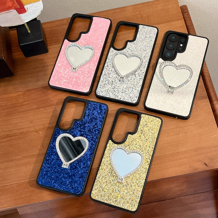 Glänzende herzförmige Make-up-Spiegel Handyhülle für Samsung in Blau mit Glitzer-Schutzhülle - Bild 2