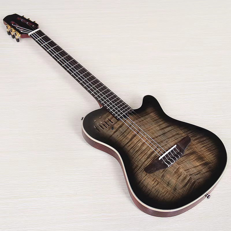 V-glorify Silent Elektro-Klassikgitarre mit 6 Saiten aus Zedernholz und Flammenahorn in Schwarz und Naturfarben, 39 Zoll - Bild 2