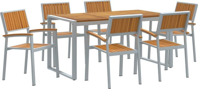 vidaXL 7-teiliges Garten-Essset aus massiver Akazie und pulverbeschichtetem Metall in Grau und Braun - Bild 1