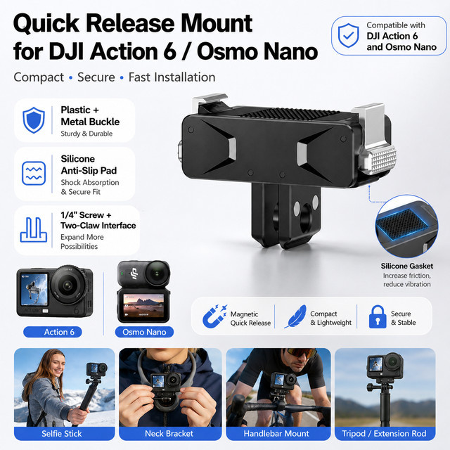 Magnetische Schnellverschluss-Kamerahalterung für DJI OSMO Action 6 in Schwarz mit 1/4 Zoll Schrauben-Schnellverschlussbasis für Sportkameras - Bild 1