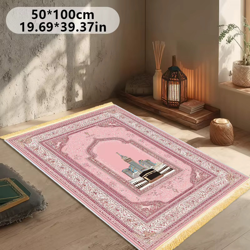 VIKAMA Islamische Gebetsmatte in Rosa mit Kaaba-Muster und Quasten, weiche Anbetungsmatte für dein Zuhause - Bild 3