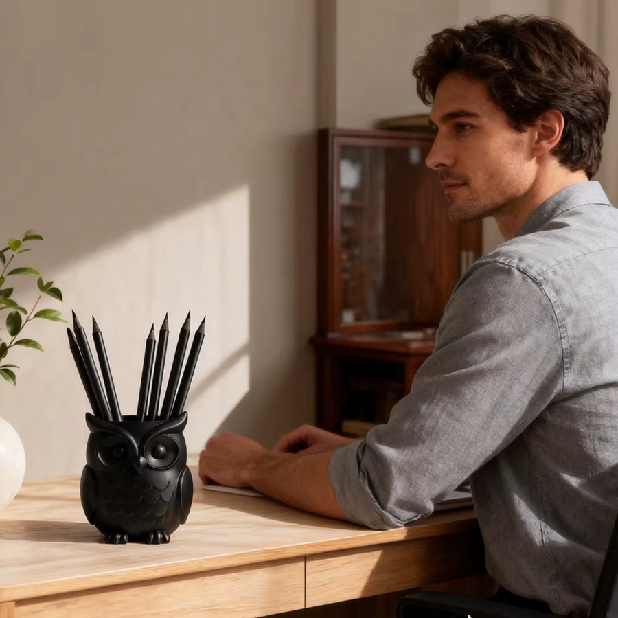 Niedlicher Eulen-Stifthalter und Make-up-Pinsel-Organizer aus Kunststoff in Schwarz - Bild 1