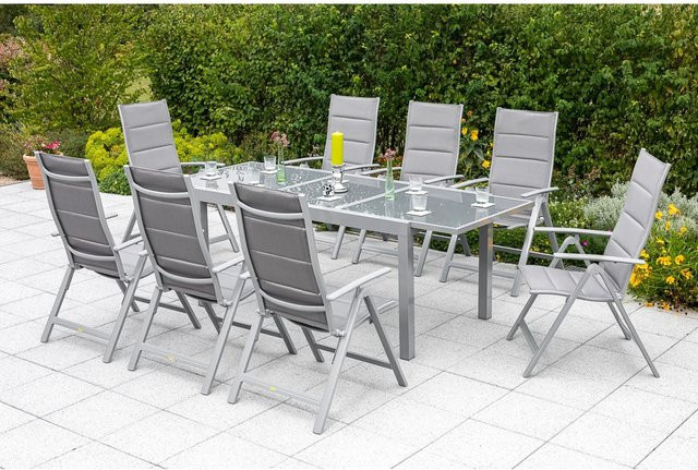 Merxx Taviano 9-tlg. Gartenmöbel Set mit Ausziehtisch und Klappsesseln in Silber und Diamantbraun aus Aluminium und Sicherheitsglas - Bild 1