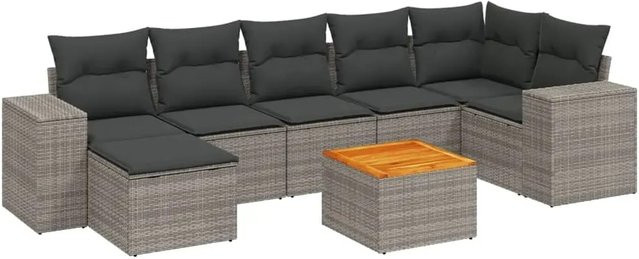 vidaXL 8-tlg. Garten-Sofagarnitur in L-Form aus grauem Poly-Rattan mit Kissen und Armlehnen - Bild 1