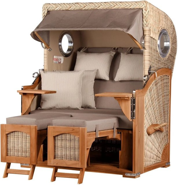 Bene Living Strandkorb Komplettset Ammersee aus Teak mit Bullauge und PE Shell im maritimen Streifen-Design - Bild 1