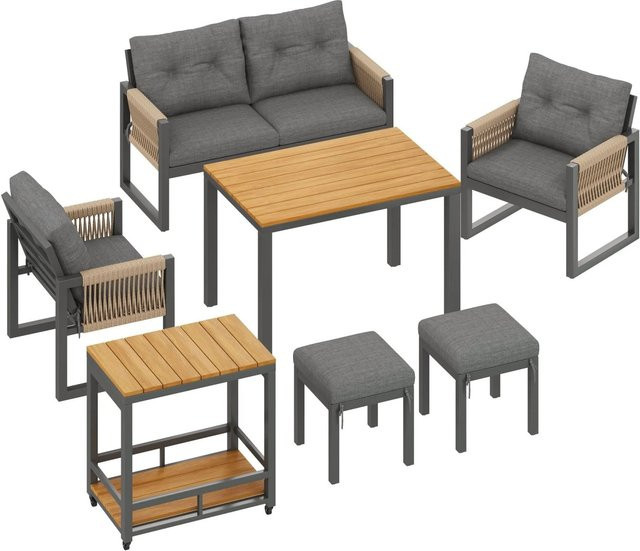 okwish Gartenmöbel Lounge Set mit Geflochtenen Armlehnen, Multifunktionalem Tisch und Sitzkissen, Farbe: Grau - Bild 1