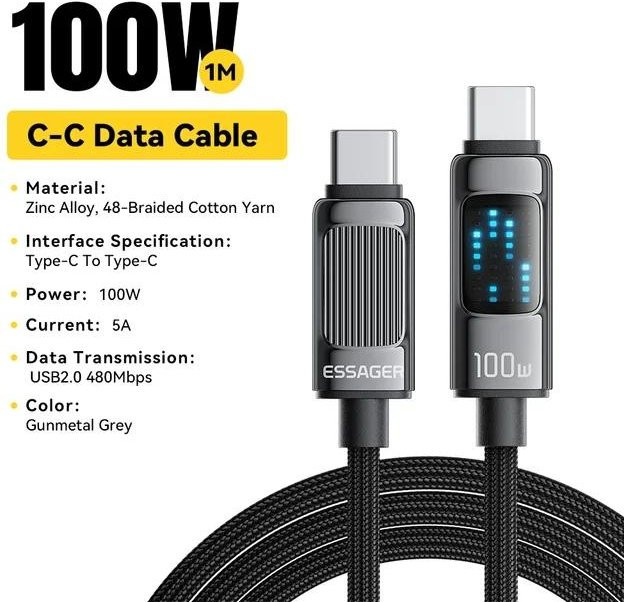 Essager 100W USB Typ C auf USB C Kabel für PD 5A Schnellladung, grau, Länge: 2 m - Bild 1