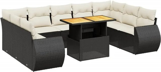 vidaXL 10-tlg. Garten-Sofagarnitur in L-Form aus Polyrattan und Akazienholz mit Kissen in Schwarz-Creme - Bild 1