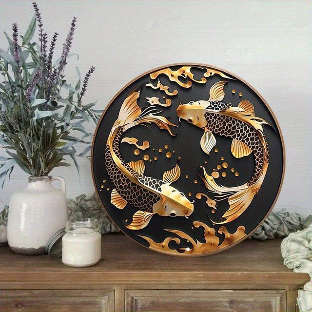 HELLOYOUNG Metallschild Fisch-Dekoration Gold, Rundes Wandposter mit Tier-Motiv, Durchmesser: 20 cm - Bild 1