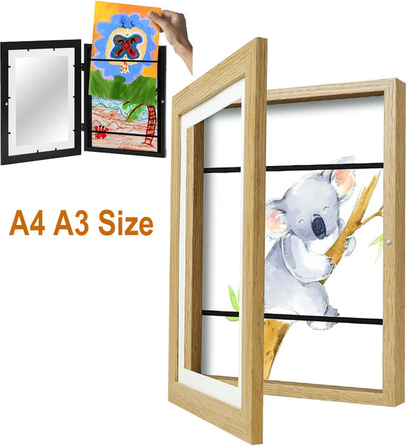 VCC Kinder Kunstrahmen in Holzoptik mit magnetischer Acryl-Vorderseite für A3 und A4 Zeichnungen und Poster - Bild 1