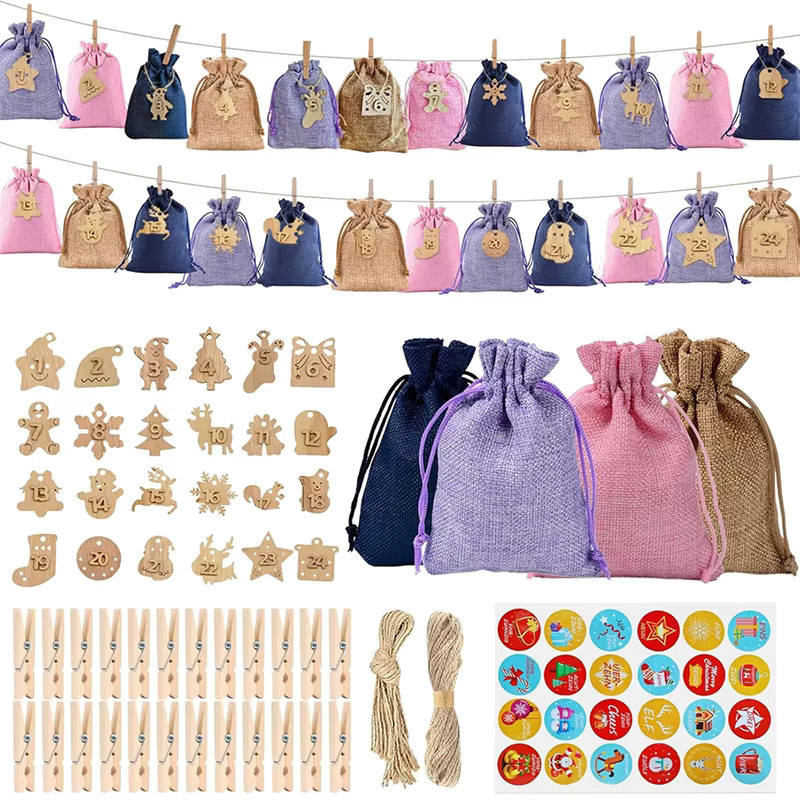 24-teiliges Adventskalender-Set aus Leinen mit Kordelzug in Multicolour für Weihnachtsgeschenke und Süßigkeiten - Bild 5
