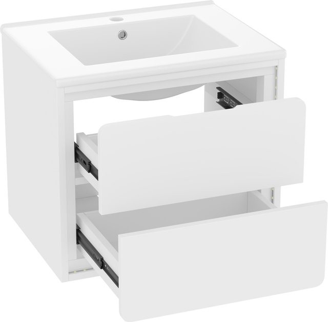 NK Space Wandhängender Badezimmerschrank in Weiß mit integriertem Keramikwaschbecken, LED-Beleuchtung und zwei Schubladen, B/T/H: 60 x 46 x 50 cm - Bild 1