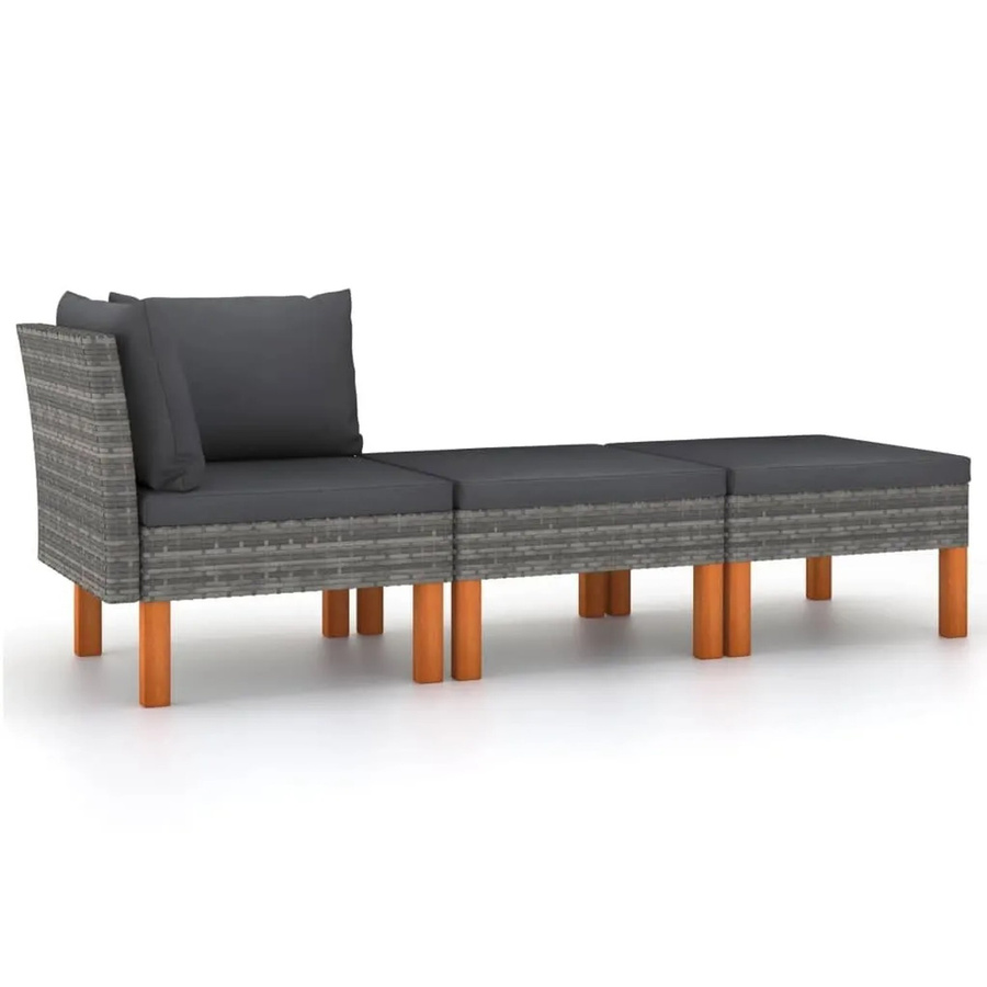 vidaXL 3-teiliges Garten-Lounge-Set in L-Form aus Poly-Rattan und Eukalyptus-Massivholz in Anthrazit mit Polstern und Kissen - Bild 2