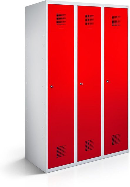 rotstahl Kleiderspind mit 3 Türen in Rot und Lichtgrau, B/T/H: 120 x 50 x 180 cm - Bild 1