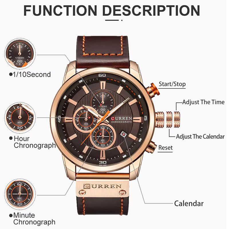 CURREN Armbanduhr Chronograph, Quarz, Leder, Schwarz, Roségold, Herren - Bild 5