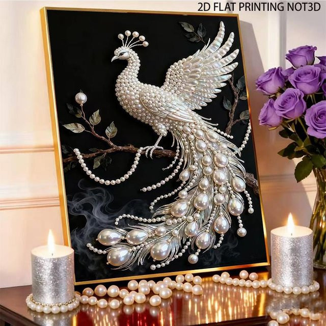 Diamantmalerei-Set VastLine Direct mit Pfauen-Design in Grau und Multicolour, Vollbohrer Perlenbild mit selbstklebender Leinwand für die Heimdekoration, B/H: 37 x 47 cm - Bild 1