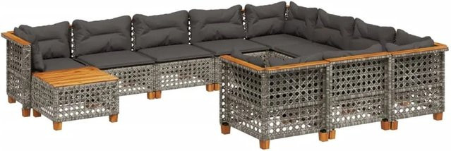 vidaXL 11-tlg Garten-Sofagarnitur aus Poly Rattan und Akazienholz in Grau mit Kissen Modell 93 - Bild 1