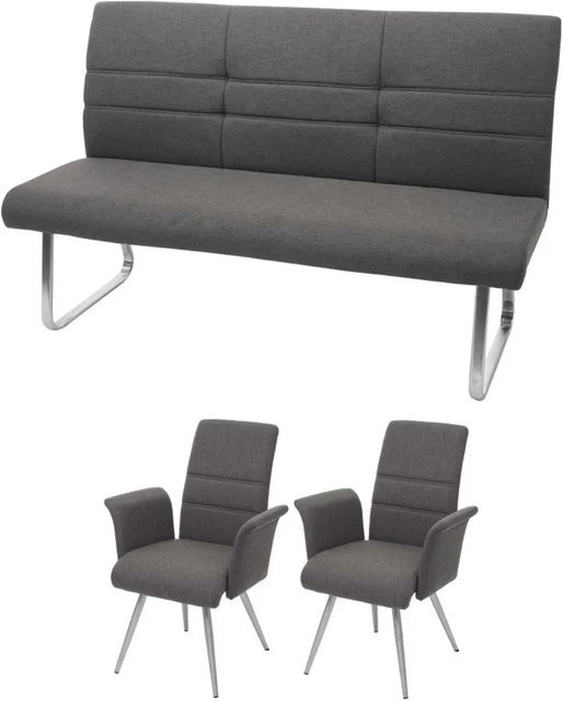 MCW Esszimmer-Set G55 mit 2 Esszimmerstühlen mit Armlehnen und einer Sitzbank, Farbe Grau-Braun, Stoff und Edelstahl, Breite: 160 cm - Bild 2