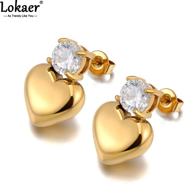 Lokaer Ohrstecker, Liebesherz, Zirkonia, Edelstahl, 18 Karat vergoldet, Damen - Bild 1