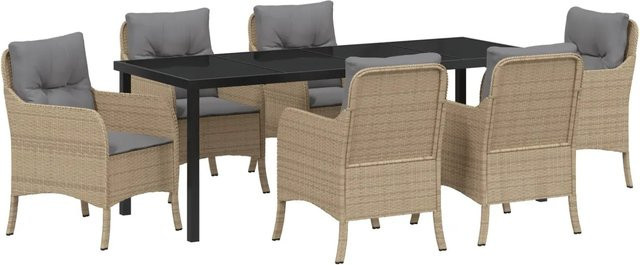 vidaXL 7-teilige Garten-Essgruppe aus Poly-Rattan mit Kissen in Beige und Grau für Garten, Terrasse und Balkon - Bild 1