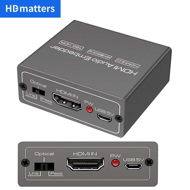 HDmatters HDMI Audio Embedder Inserter mit HDMI 2.0, 4K 60Hz und HDR, HDMI Aux und Toslink Audio zu HDMI Konverter und Mixer - Bild 1
